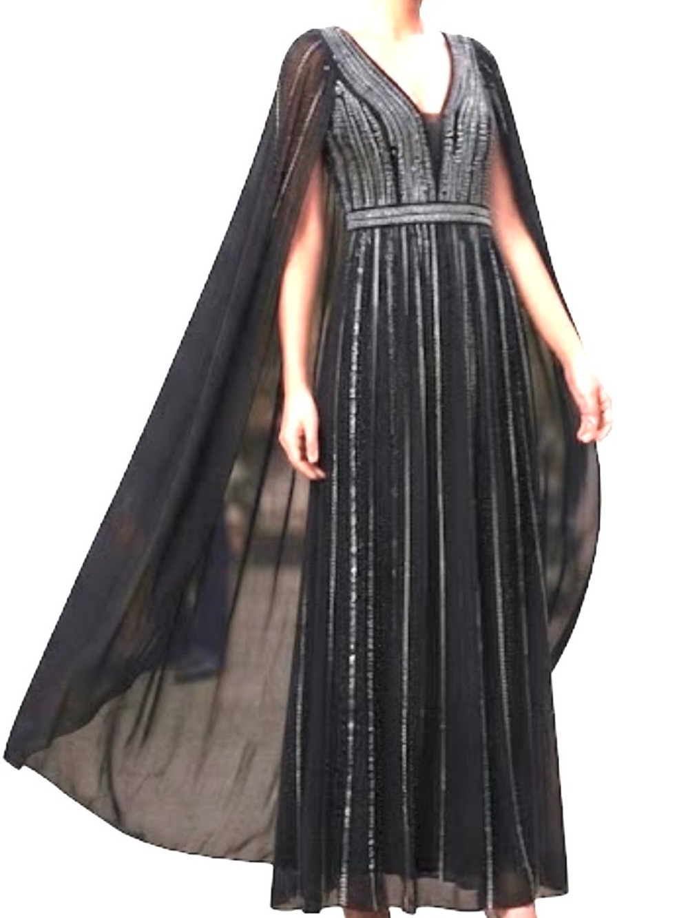 Faeriesty Black Beaded Maxi Dress with Dramatic Cape